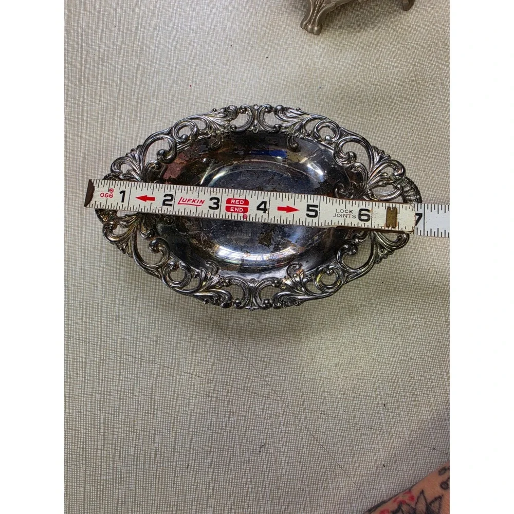 Vintage Footed Glass Trinket Bowl and Silver Tone Filigree Metal Dish Set